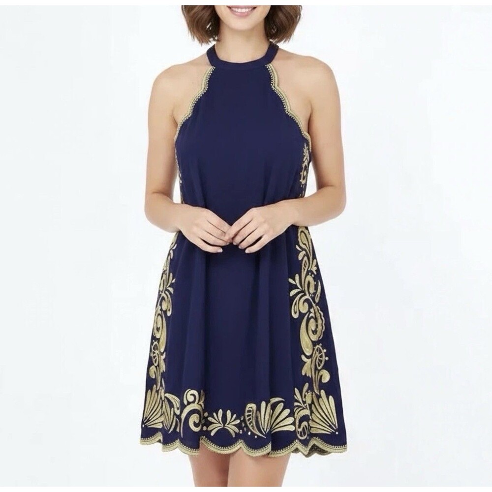 Lilly Pulitzer XS Quinn Dress Navy‎ Gold Gypset Swirl Dress Embroidered